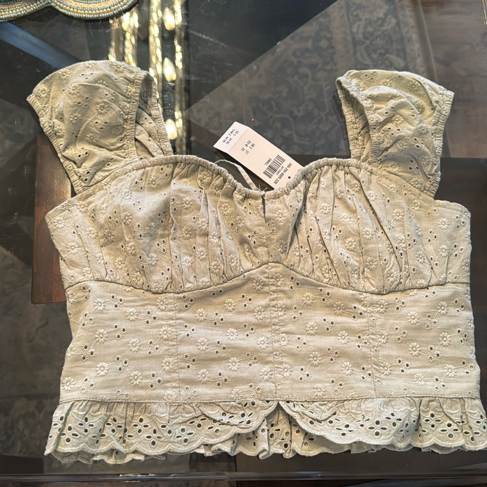Hollister Crop Top NWT, Pale Green, Smocked Back, Embroided, Women’s Small Rare